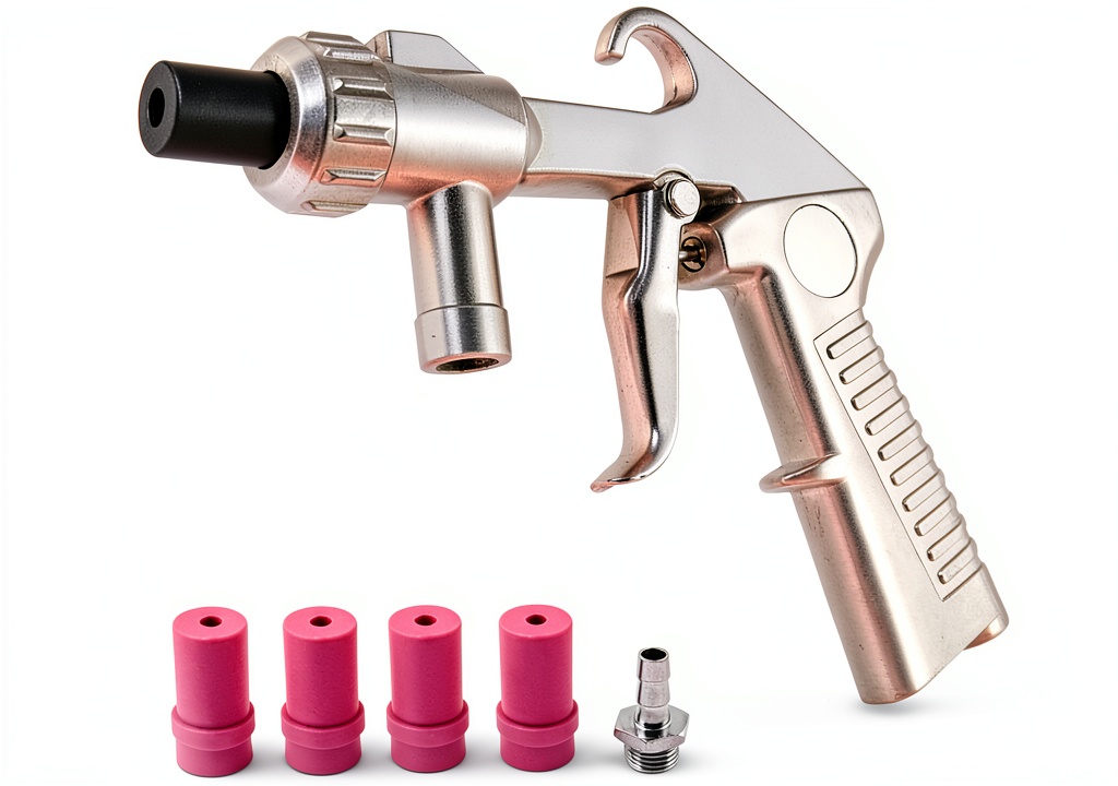 Installing QWORK Aluminum Hand Powered Sand Blaster Gun on a wooden workbench
